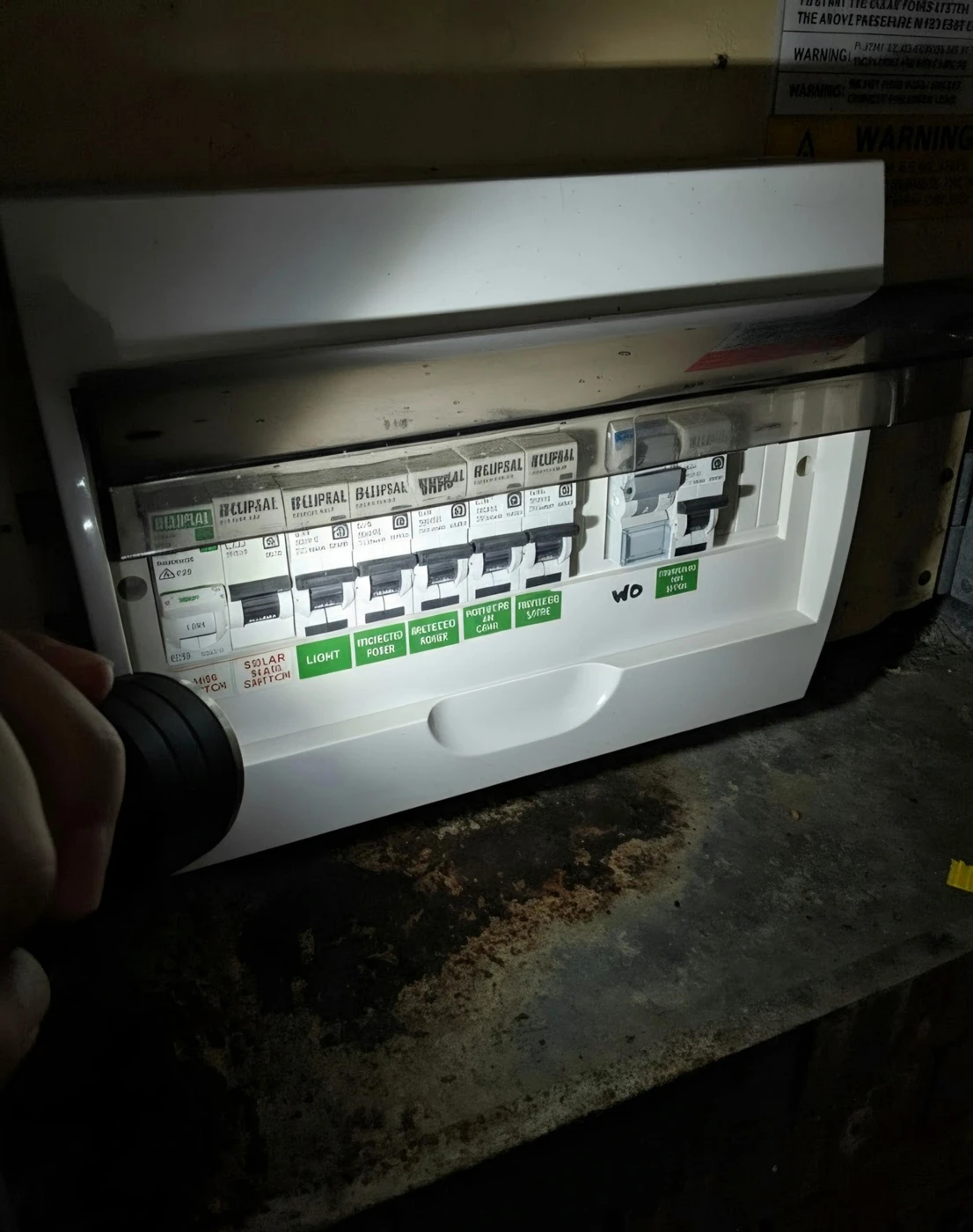 Electrical switchboard illuminated by a torch during an emergency inspection