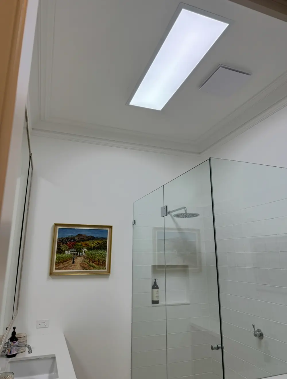 Ceiling light and skylight above a finished bathroom