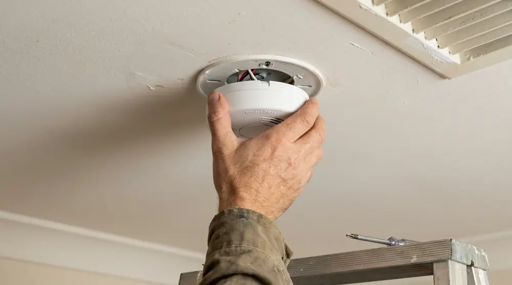 Hand fitting a white smoke detector to its ceiling base