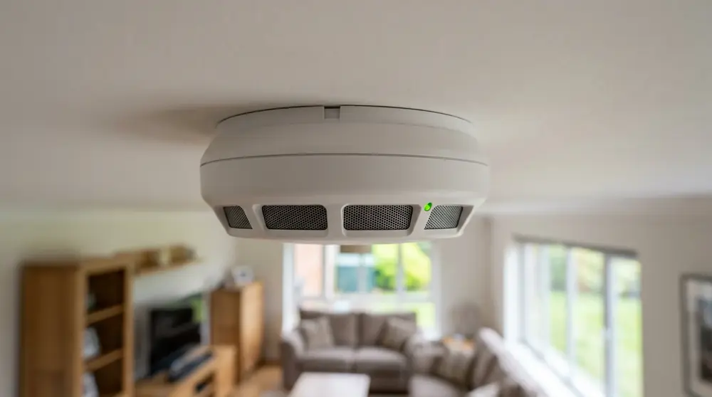 Modern white smoke detector mounted on a residential ceiling